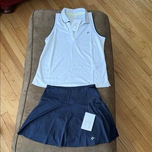 Women's White and Navy Sleeveless Polo and Skirt Set